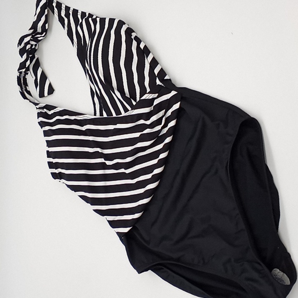 Lauren Ralph Lauren Striped Halter Tummy-Control One-Piece Swimsuit Black 6